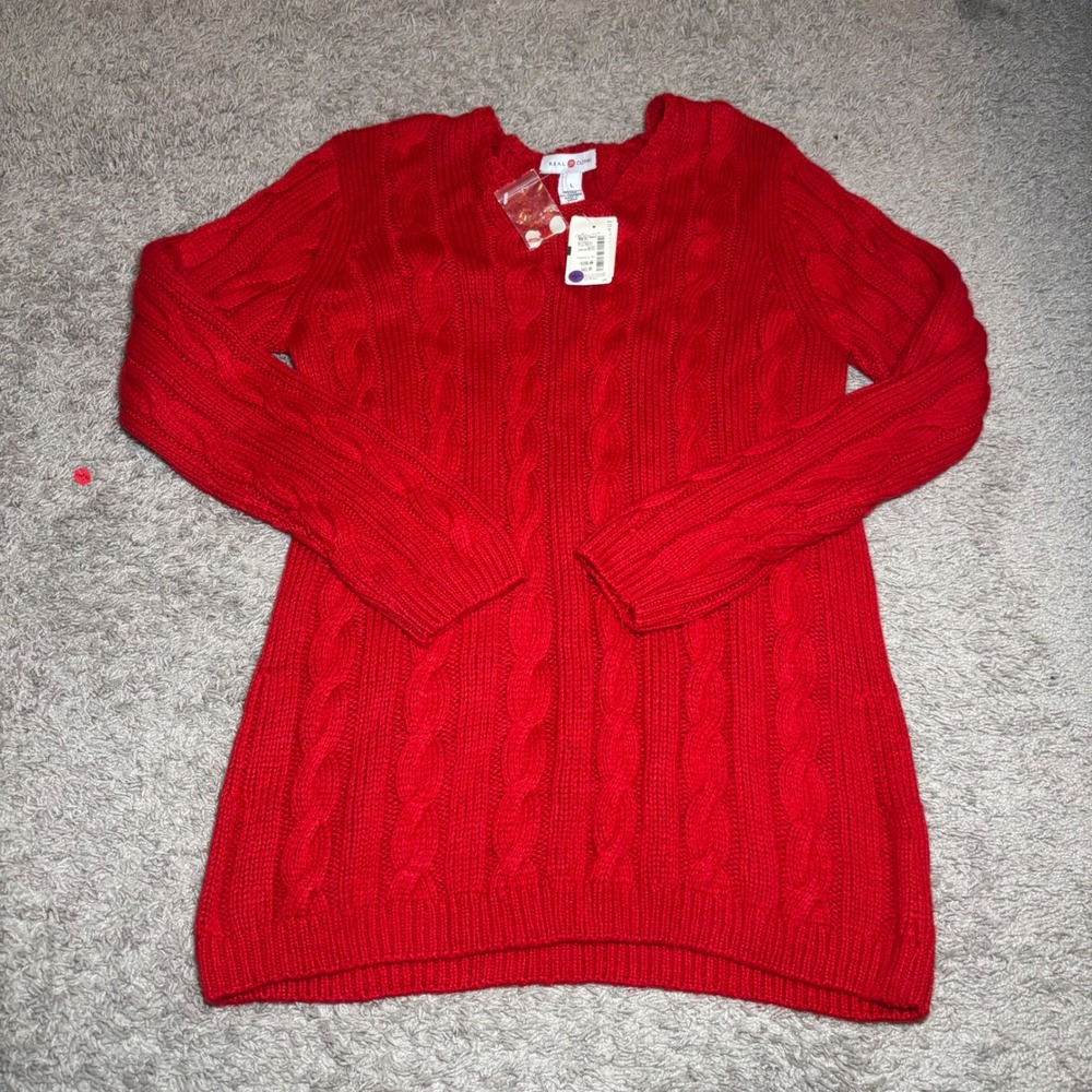 Real Clothes Red Silk Cashmere Cable Knit V-Neck Sweater Womens Large NWT